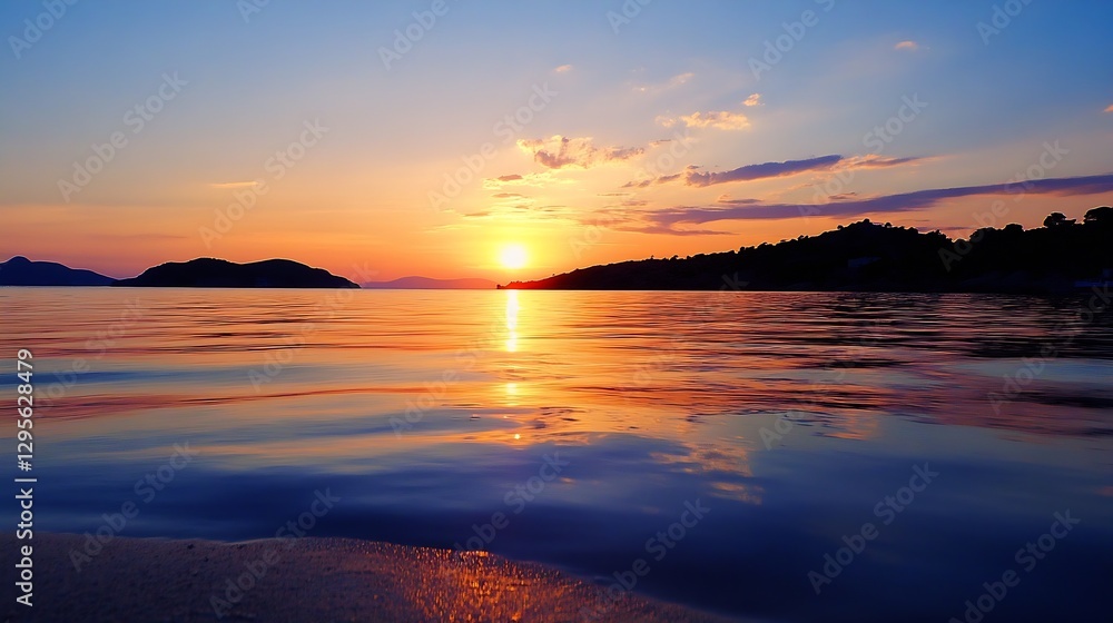Obraz premium Stunning sunset over calm waters reflecting vibrant colors and silhouettes of distant hills : Generative AI