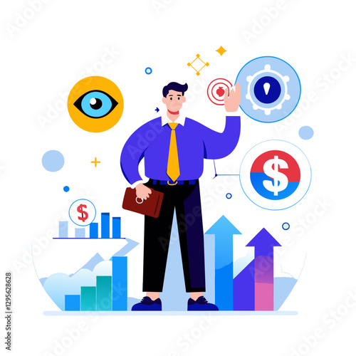 Businessman in a blue shirt and tie demonstrates financial growth and strategy. Confident male professional with a portfolio in a modern business setting.