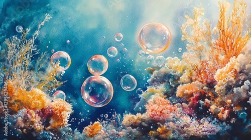 Watercolor Underwater Scene with Bubbles and Coral Reef Illustration