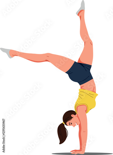 A young woman performing a handstand on one hand in a flat, minimal style vector art