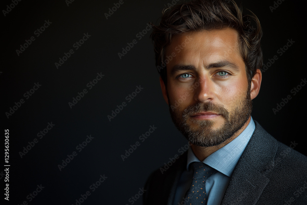 Professional Portrait of a 30-Year-Old Man in Suit and Tie – Sharp, High-Quality Photography with Black and Light Gray Background, Perfect for Business, Corporate, and Professional Branding Professional Portrait of a 30-Year-Old Man in Suit and Tie – Sharp, High-Quality Photography with Black and Light Gray Background, Perfect for Business, Corporate, and Professional Branding