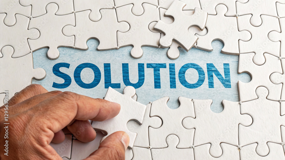 Close up of hand placing puzzle piece into larger puzzle with word SOLUTION highlighted, symbolizing problem solving and completion Close up of hand placing puzzle piece into larger puzzle with word SOLUTION highlighted, symbolizing problem solving and completion