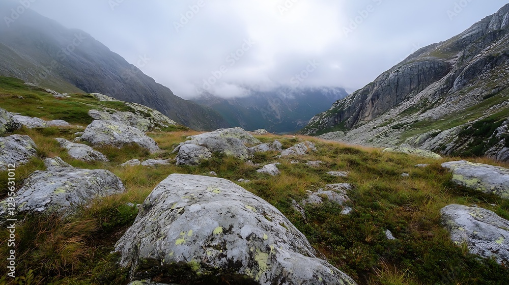 Fototapeta premium Misty mountain landscape showcasing jagged peaks and lush green grass in an untouched wilderness : Generative AI