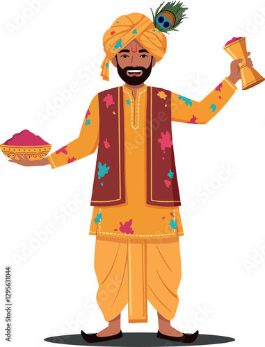 Traditional Indian man celebrating festival with colorful attire, vibrant patterns, holding sweets and drink in a joyful, festive atmosphere, flat vector art