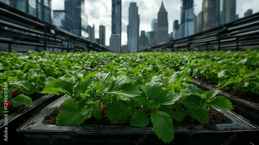 Urban rooftop farm with strawberry plants and city skyline in the background. Urban rooftop farm with strawberry plants and city skyline in the background.