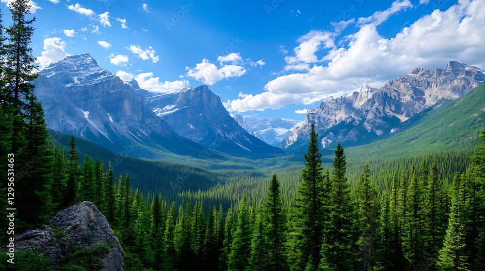 Obraz premium Majestic mountain range enveloped by lush greenery and vibrant blue sky creating a serene environment : Generative AI