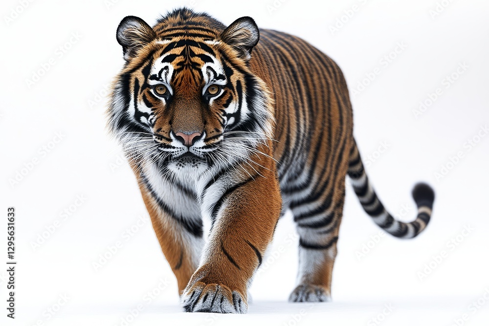 Fototapeta premium Tiger walking towards the camera in a full-body shot, isolated on a white background.