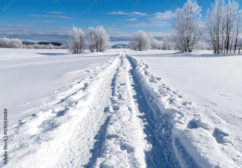 Winter landscape with snow covered road and trees under a blue sky. Winter landscape with snow covered road and trees under a blue sky.