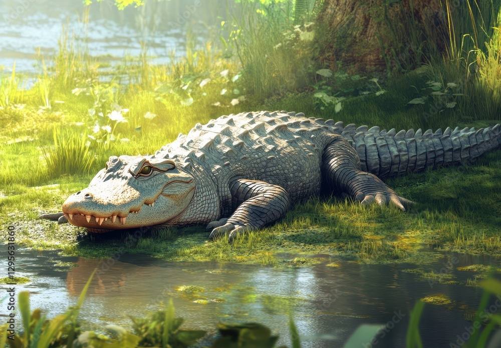 Detailed Close-Up of a Realistic Crocodile Lying on the Shore of a Tranquil Wetland Environment Surrounded by Vibrant Greenery and Soft Sunshine Detailed Close-Up of a Realistic Crocodile Lying on the Shore of a Tranquil Wetland Environment Surrounded by Vibrant Greenery and Soft Sunshine