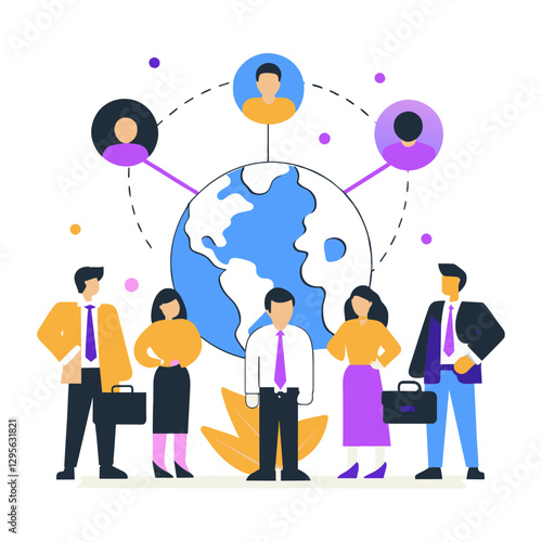 Global business team standing in front of a world map. Diverse professionals in business attire.