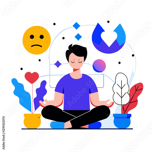 Young man in casual purple t-shirt and black pants meditating in a serene home setting. Peaceful posture with abstract background of mental wellbeing.