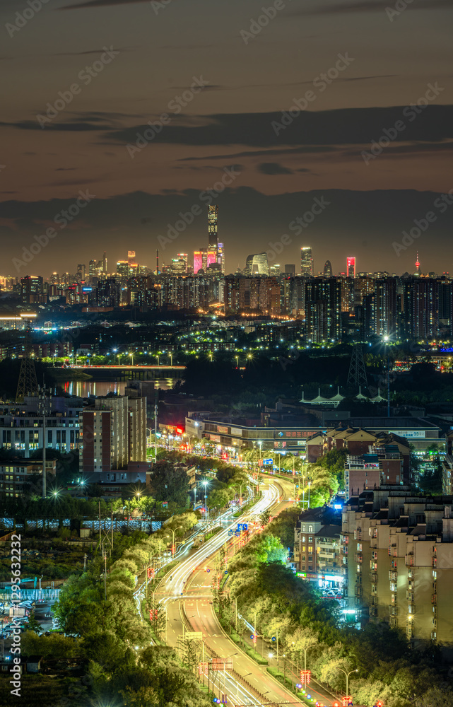 Fototapeta premium The brightly lit highways in the urban night view of Beijing, China