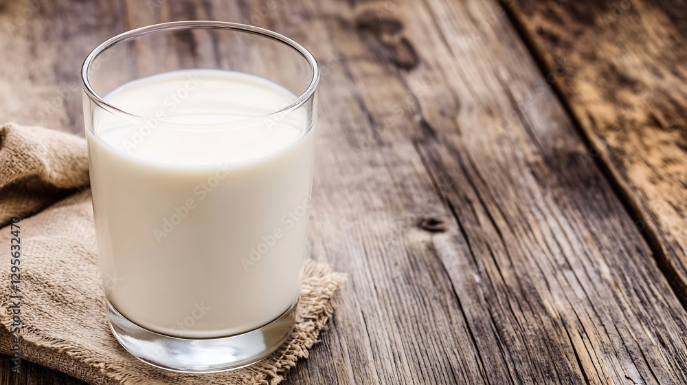 Refreshing glass of milk placed on rustic wooden surface with soft cloth : Generative AI Refreshing glass of milk placed on rustic wooden surface with soft cloth : Generative AI
