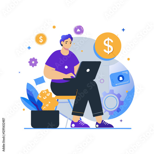 Young adult male in casual wear working on laptop in a modern setting. Focused on computer task with dollar symbol in the background.