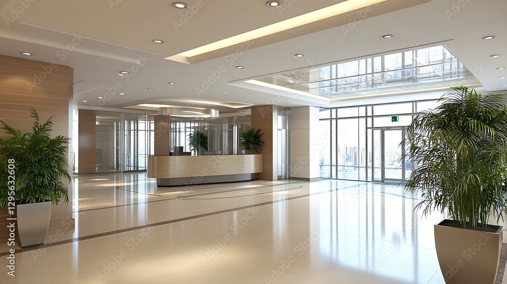 Fototapeta premium Contemporary Office Lobby with Abundant Natural Light and Greenery : Generative AI