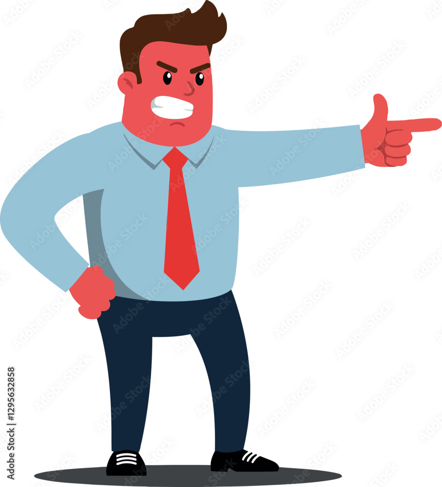 Angry businessman in a blue shirt and red tie expressing frustration with a pointed finger in flat vector illustration Angry businessman in a blue shirt and red tie expressing frustration with a pointed finger in flat vector illustration