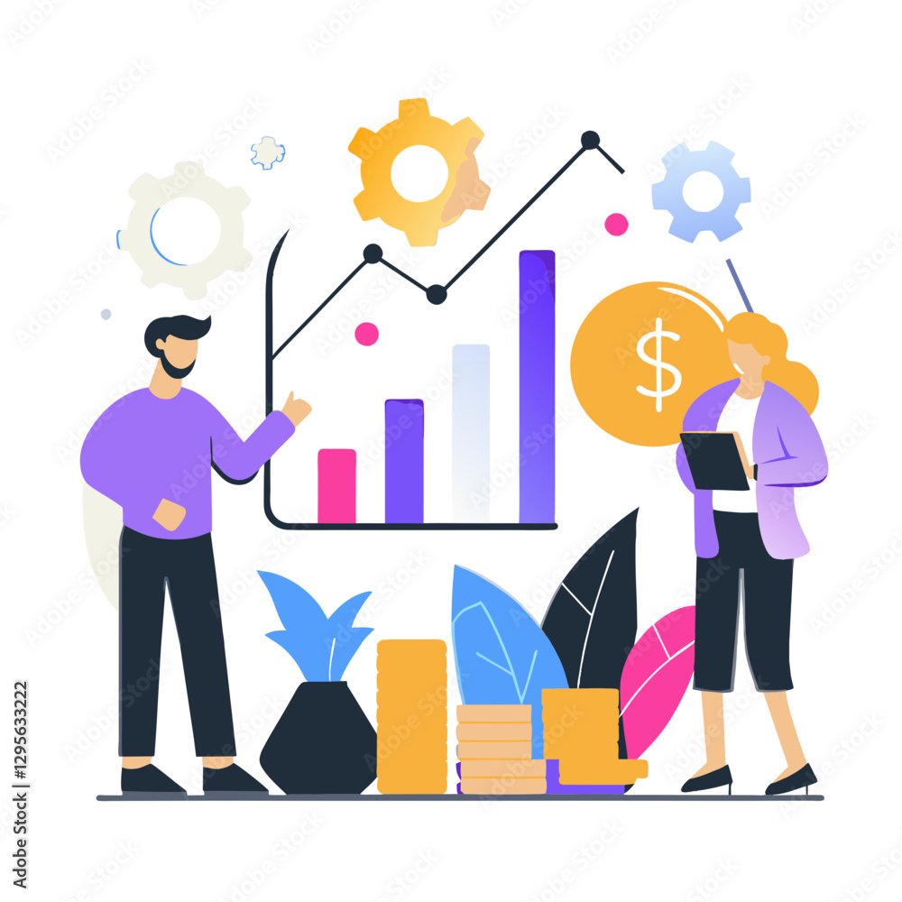 Business professionals presenting financial growth data in office setting. Male and female colleagues standing and interacting with a graph and money symbols. Business professionals presenting financial growth data in office setting. Male and female colleagues standing and interacting with a graph and money symbols.