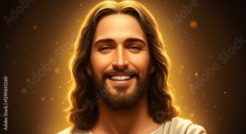 Smiling Jesus Christ Portrait with Glowing Background and Brown Long Hair
