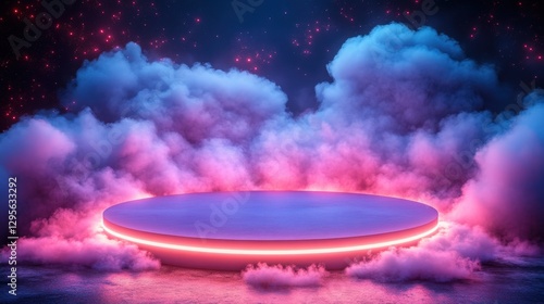 Ethereal Stage Surrounded by Mystical Clouds and Glowing Neon Lights in a Dreamlike Landscape for Creative and Artistic Visuals