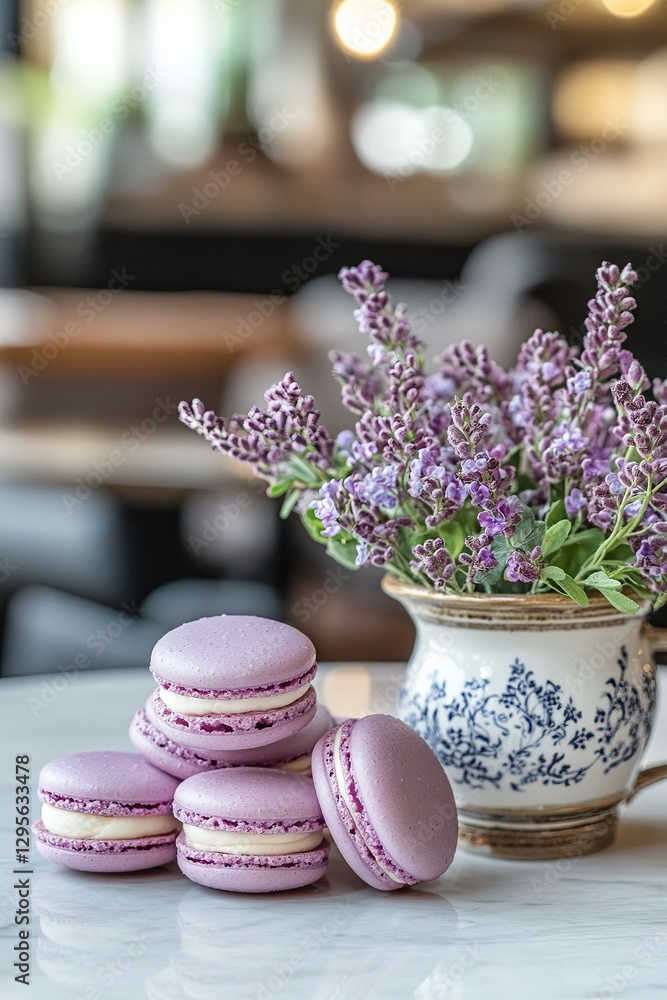 Macaroons placed beside a floral arrangement in a decorative pot, capturing the cozy ambiance of the cafe Macaroons placed beside a floral arrangement in a decorative pot, capturing the cozy ambiance of the cafe