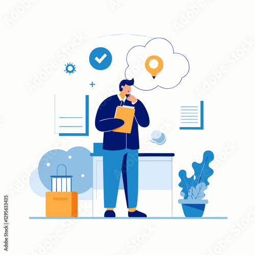A thoughtful male professional in a business suit stands in an office, pondering a location-related idea. Mid-adult male business executive contemplating a new office location -