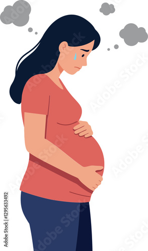 Pregnant woman standing in profile with a concerned expression, illustrated in a flat style, surrounded by thought clouds, vector art