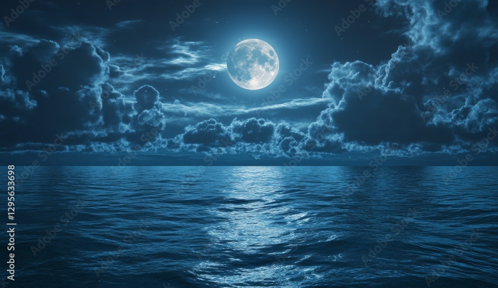 Fototapeta premium Full moon over calm ocean at night