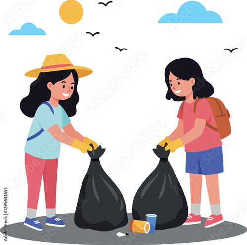 Two children engaging in a community cleanup activity in a bright flat vector art style, showcasing teamwork and environmental responsibility, with smiles and enthusiasm