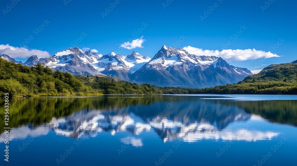 Stunning panoramic view of snow capped mountains reflecting in a serene lake surrounded by lush green forests : Generative AI Stunning panoramic view of snow capped mountains reflecting in a serene lake surrounded by lush green forests : Generative AI