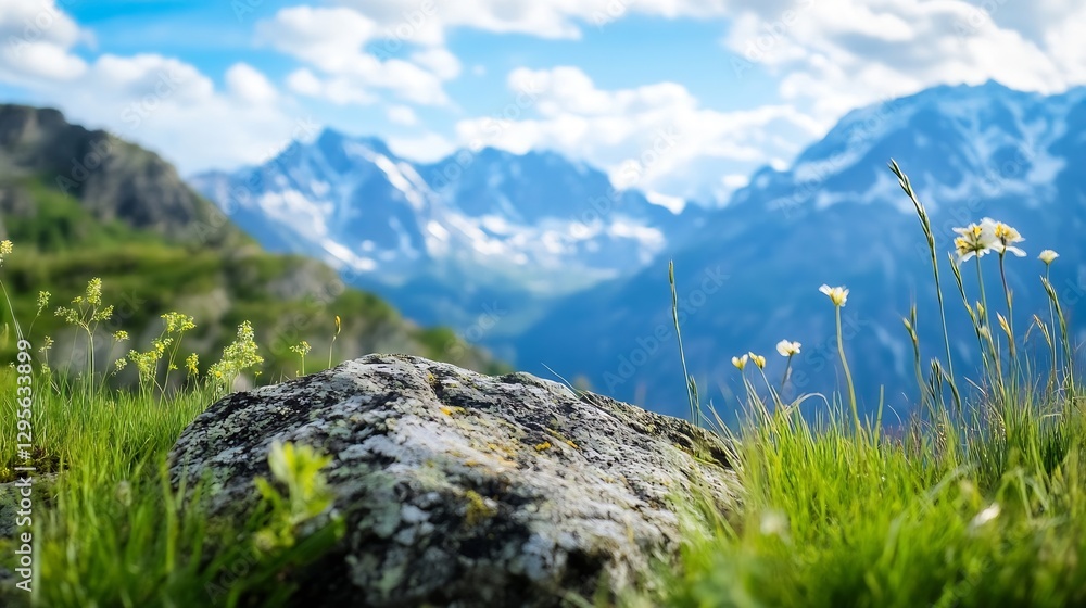 Stunning mountain view with vibrant flowers and green grass in spring : Generative AI Stunning mountain view with vibrant flowers and green grass in spring : Generative AI