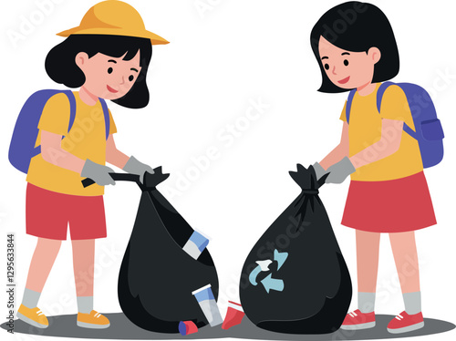 Two children wearing yellow shirts and hats collecting trash in a park, showcasing teamwork in a flat vector illustration