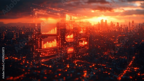 Futuristic Data Dashboard in a Cityscape at Sunset with Digital Visualizations and Glowing Elements Representing Market Trends and Analytics