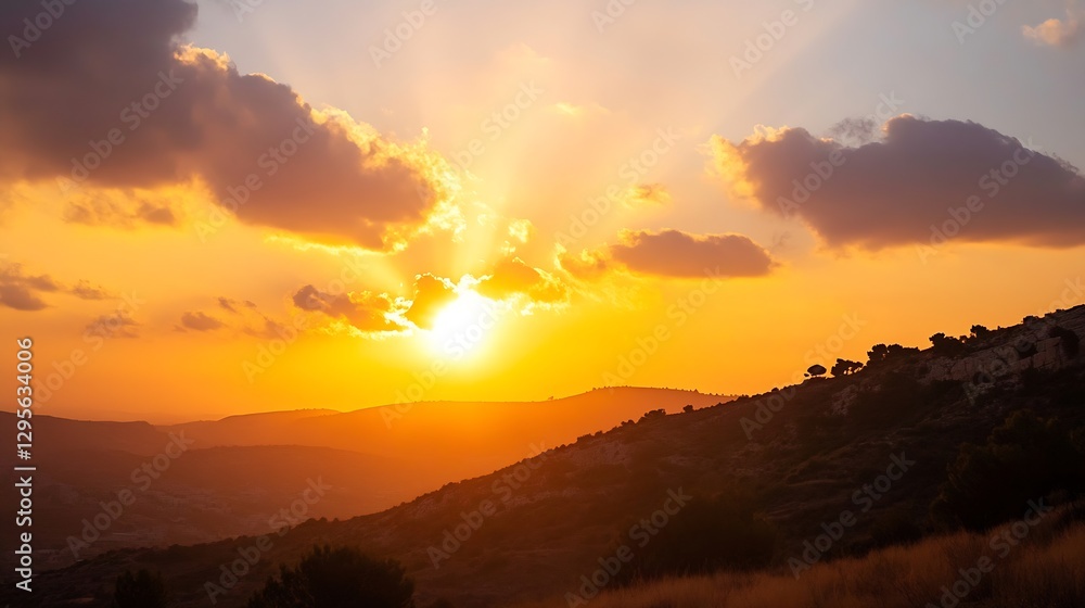 Breathtaking Sunset Over Rolling Hills with Rays of Light and Soft Clouds : Generative AI Breathtaking Sunset Over Rolling Hills with Rays of Light and Soft Clouds : Generative AI