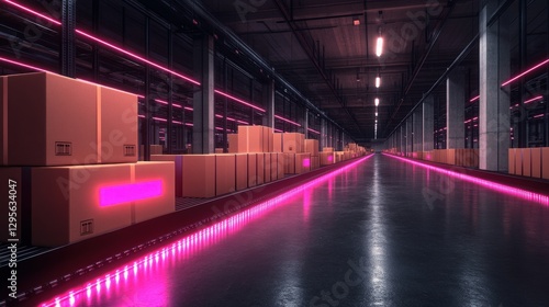Futuristic Warehouse Interior with Neon Lighting and Cardboard Boxes Arranged Neatly Along a Long Aisle in an Urban Distribution Center Setting