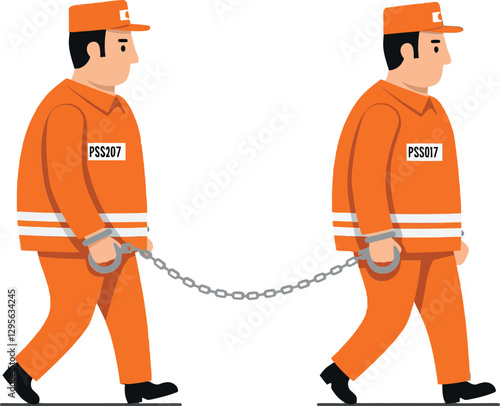 Two correctional officers in orange uniforms walking with handcuffed prisoner in flat vector illustration showcasing a serious tone and prison setting
