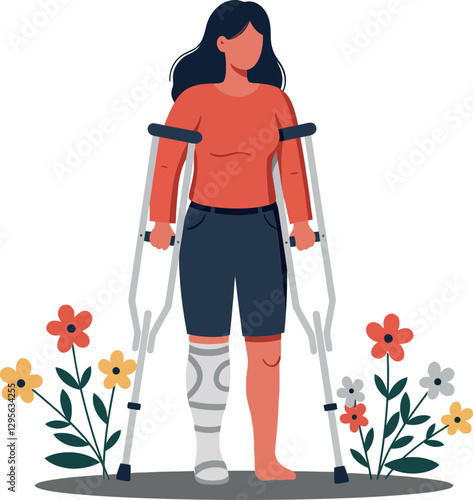 A woman using crutches with a leg brace standing amidst colorful flowers in a flat vector illustration showcasing resilience and natures beauty