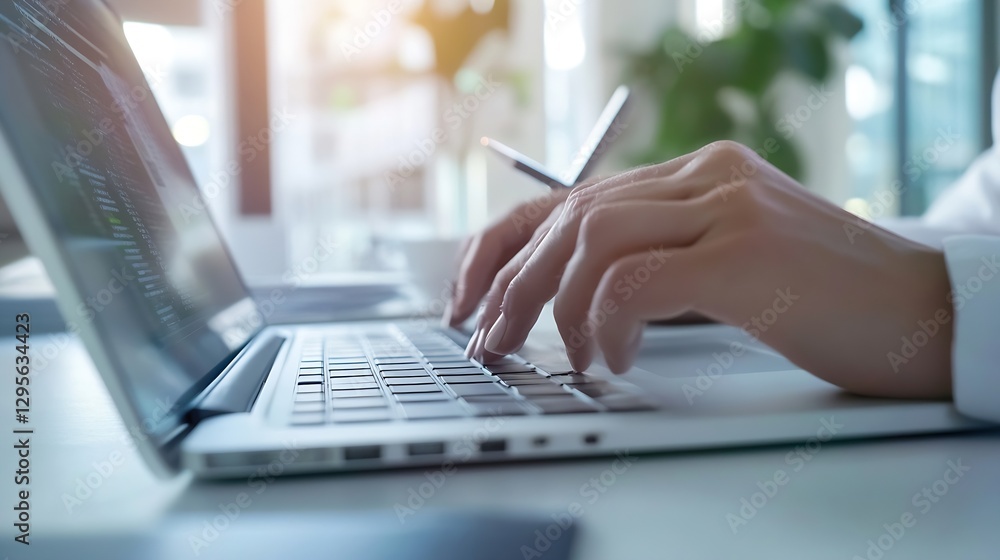 Professional business person typing on laptop in a modern office workspace environment : Generative AI Professional business person typing on laptop in a modern office workspace environment : Generative AI