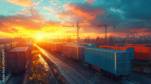 Industrial Sunset Over Cargo Containers and Rail Lines with Construction Cranes in the Background, Capturing the Essence of Urban Development and Transport Logistics