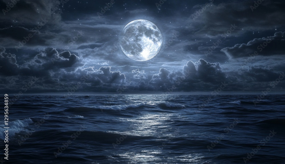 Fototapeta premium Full moon over stormy ocean at night