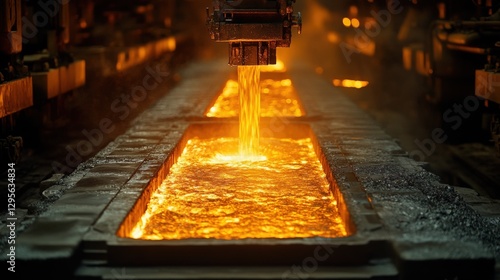 Molten Metal Pouring from a Casting Machine in an Industrial Foundry with Warm Glow and Reflection, Creating a Dynamic Manufacturing Scene