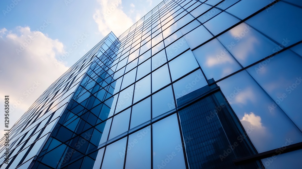 Modern Office Building with Reflected Clouds on Glass Windows under a Bright Sky : Generative AI Modern Office Building with Reflected Clouds on Glass Windows under a Bright Sky : Generative AI