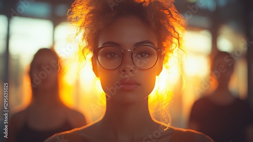 Portrait of Young Woman with Curly Hair and Glasses Against Backlit Sunset in a Warm Atmosphere, Capturing Introspection and Serenity in Contemporary Setting