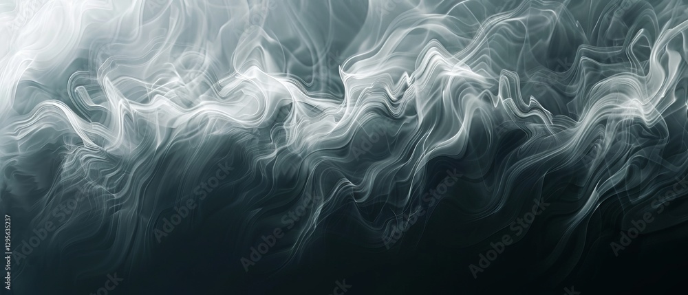 Obraz premium Cascading gray smoke overlays with floating dust particles creating an ethereal white effect on black background.