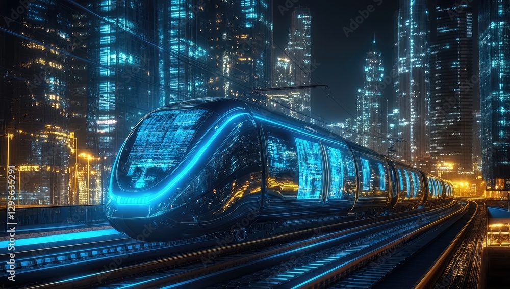 Futuristic train in a glowing city at night Futuristic train in a glowing city at night