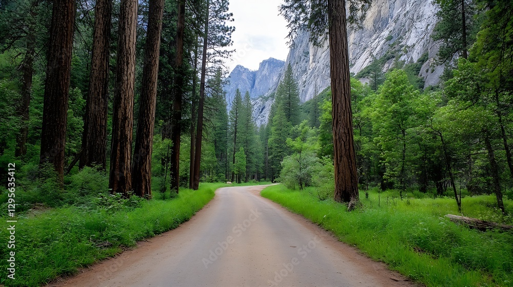 Fototapeta premium Serene Forest Pathway Surrounded by Tall Green Trees and Lush Vegetation : Generative AI