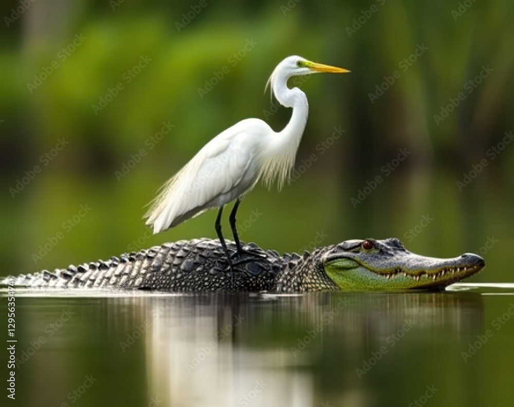 Elegant great egret perched on back of an alligator in a serene wetland setting, showcasing unique wildlife interaction in a lush green environment Elegant great egret perched on back of an alligator in a serene wetland setting, showcasing unique wildlife interaction in a lush green environment