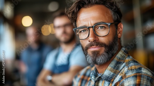 Thoughtful Male Professional in Glasses with Beard and Flannel Shirt, Sharing a Moment of Reflection in a Modern Workshop Setting
