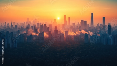 Stunning Sunset Over a Modern City Skyline with Silhouetted Buildings and Urban Smog, Capturing the Beauty and Challenges of Urbanization