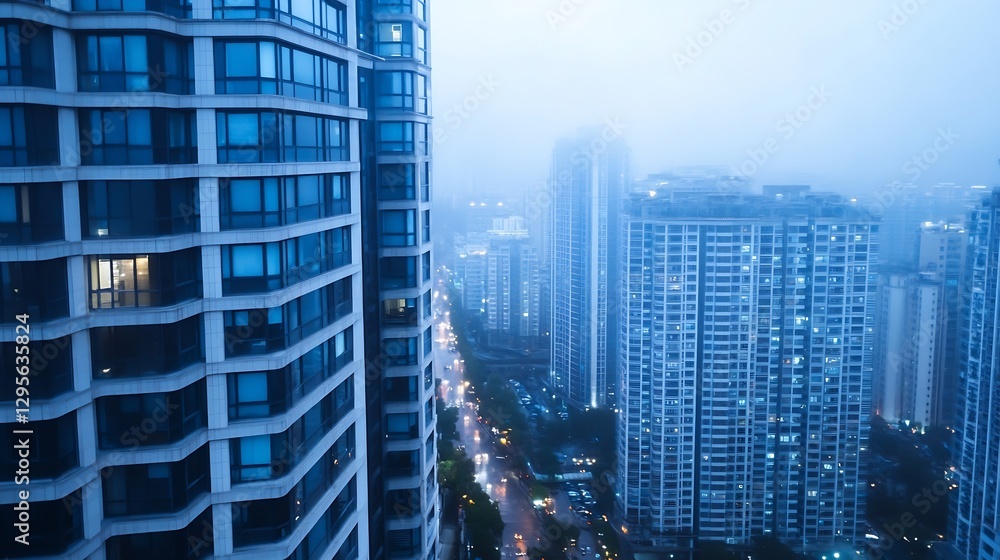 Fototapeta premium Foggy cityscape view of residential buildings at twilight with glowing lights and a moody atmosphere : Generative AI