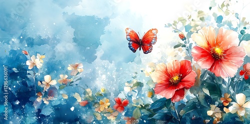 Watercolor Butterfly and Flowers Painting Floral Art Print